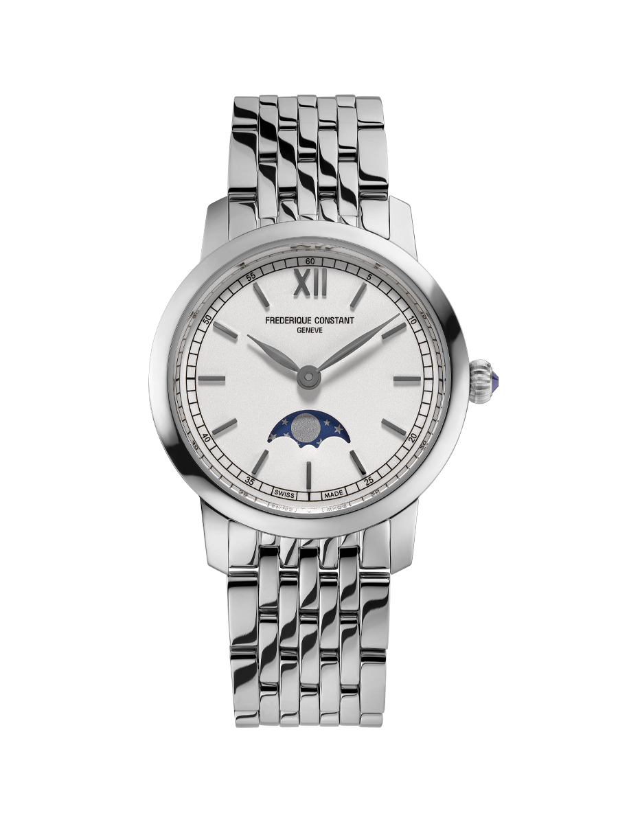 Slimline Ladies Moonphase watch for woman. Quartz movement, white dial, stainless-steel case, moonphase and stainless-steel bracelet