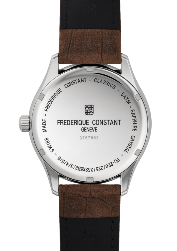 Classics Quartz watch for man. Quartz movement, grey dial, stainless-steel case, date window and brown leather strap
