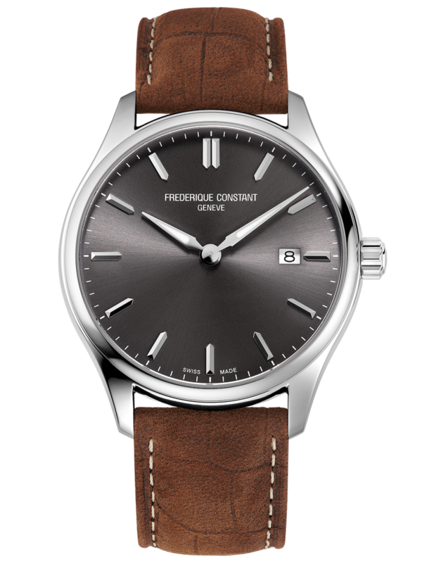 Classic Quartz watch for man. Quartz movement, grey dial, stainless-steel case, date window and brown leather strap