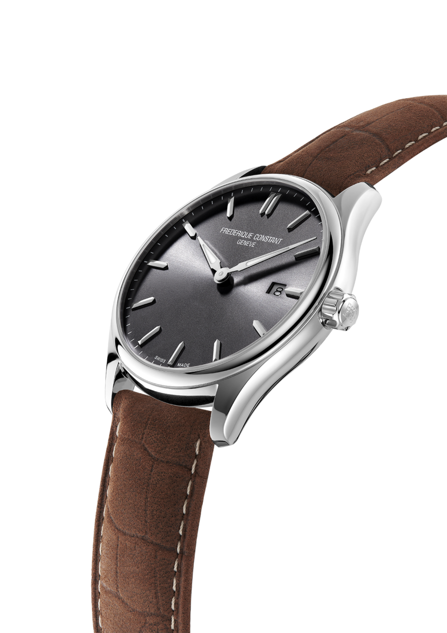 Classics Quartz watch for man. Quartz movement, grey dial, stainless-steel case, date window and brown leather strap