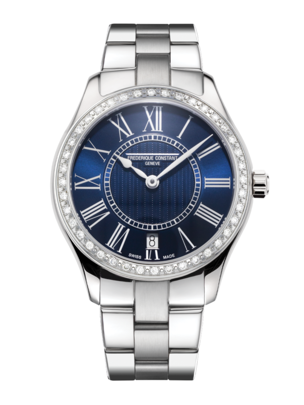 Classics Ladies Quartz watch for woman.   Quartz movement, blue dial, stainless-steel case with 40 diamonds, date window and stainless-steel bracelet
