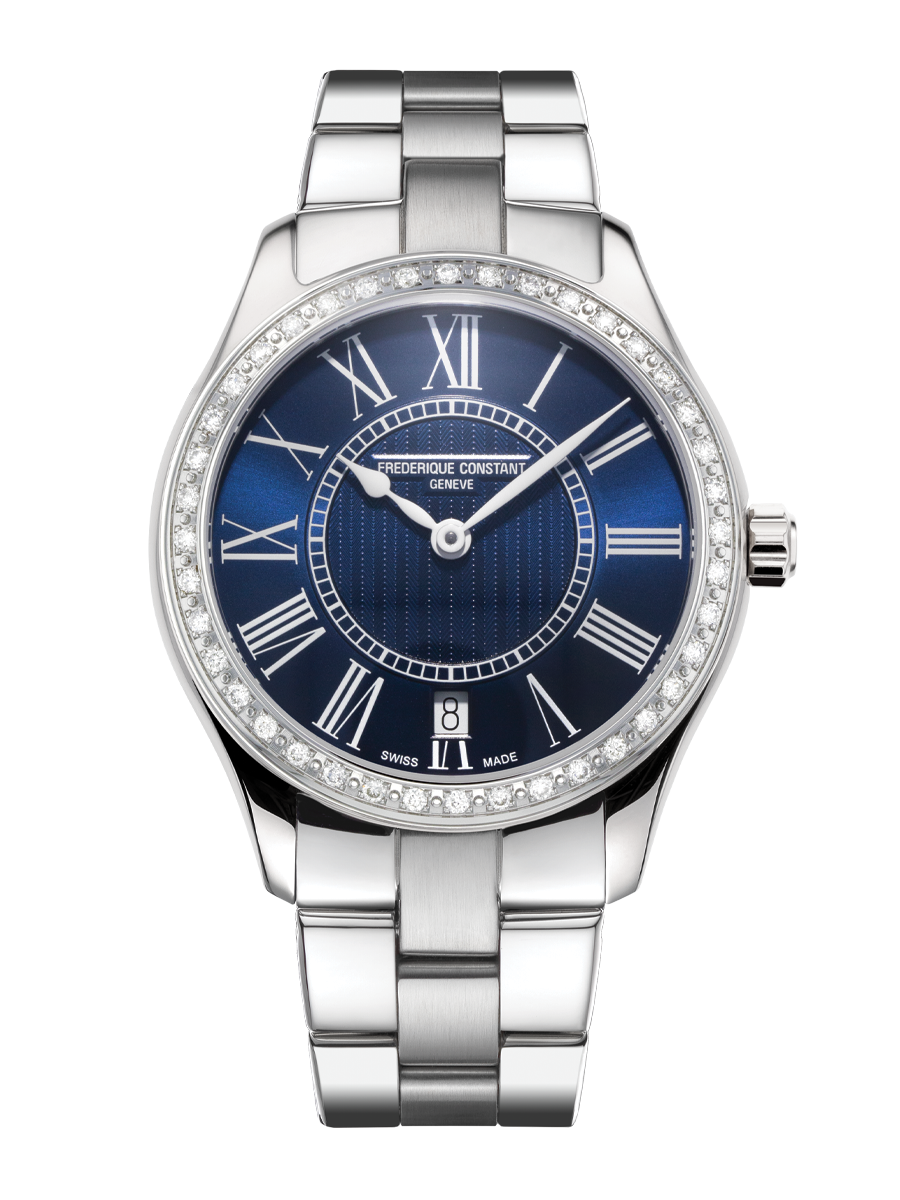Classics Ladies Quartz watch for woman.   Quartz movement, blue dial, stainless-steel case with 40 diamonds, date window and stainless-steel bracelet