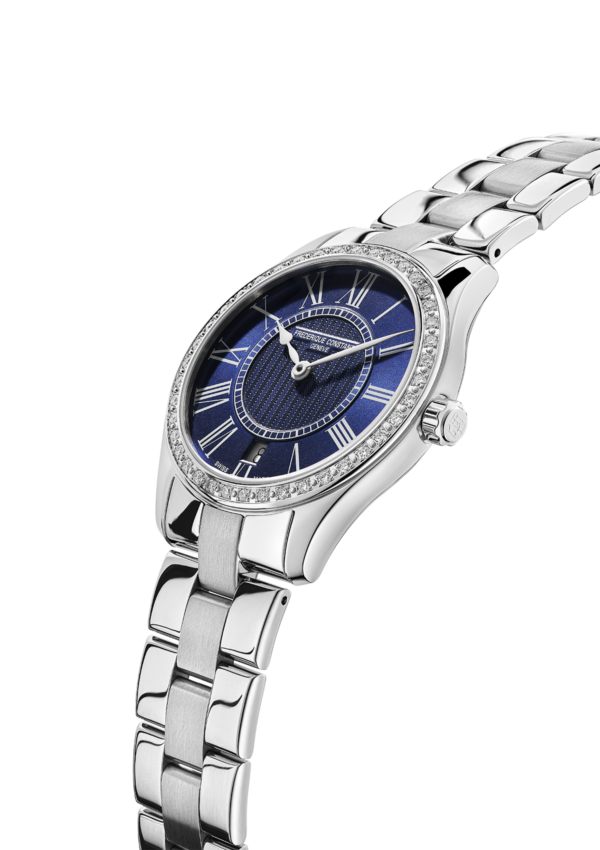 Classics Ladies Quartz watch for woman.   Quartz movement, blue dial, stainless-steel case with 40 diamonds, date window and stainless-steel bracelet
