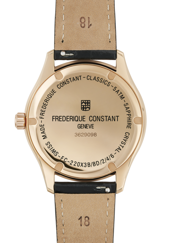 Classics Ladies Quartz watch for woman. Quartz movement, silver dial, rose-gold plated case, date window and black leather strap
