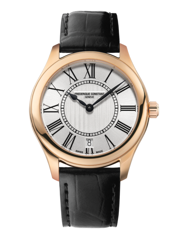Classics Ladies Quartz watch for woman. Quartz movement, silver dial, rose-gold plated case, date window and black leather strap