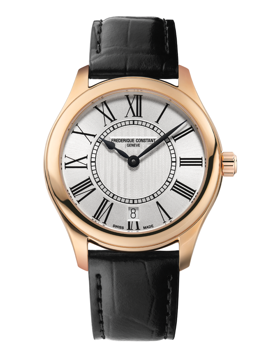 Classics Ladies Quartz watch for woman. Quartz movement, silver dial, rose-gold plated case, date window and black leather strap