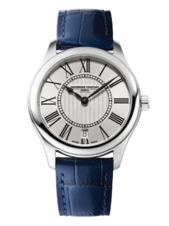 Classics Ladies Quartz watch for woman. Quartz movement, silver dial, stainless-steel case, date window and blue leather strap