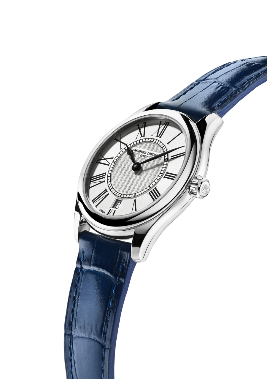 Classics Ladies Quartz watch for woman. Quartz movement, silver dial, stainless-steel case, date window and blue leather strap