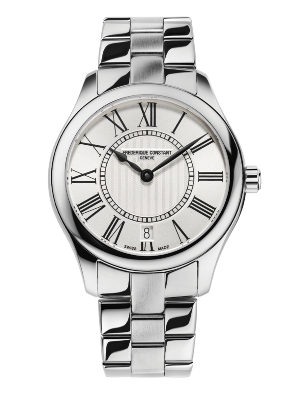 Classics Ladies Quartz watch for woman. Quartz movement, silver dial, stainless-steel case, date window and stainless-steel bracelet