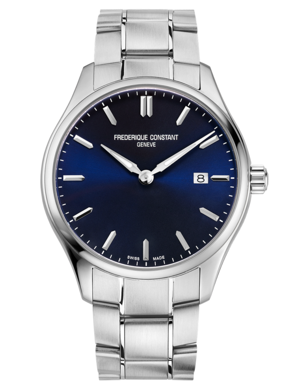 Classics Quartz watch for man. Quartz movement, blue dial, stainless-steel case, date window and stainless-steel bracelet