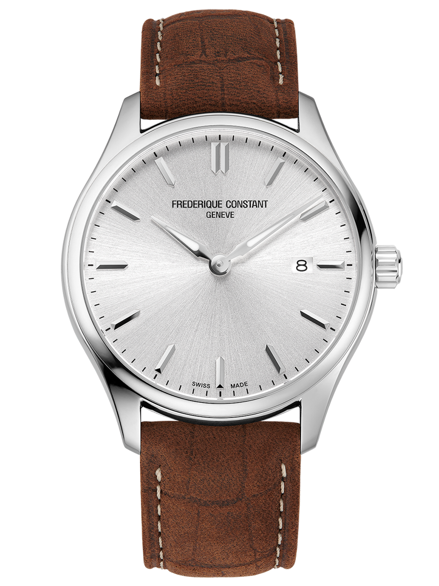 Classics Quartz watch for man. Quartz movement, silver dial, stainless-steel case, date window and brown leather strap