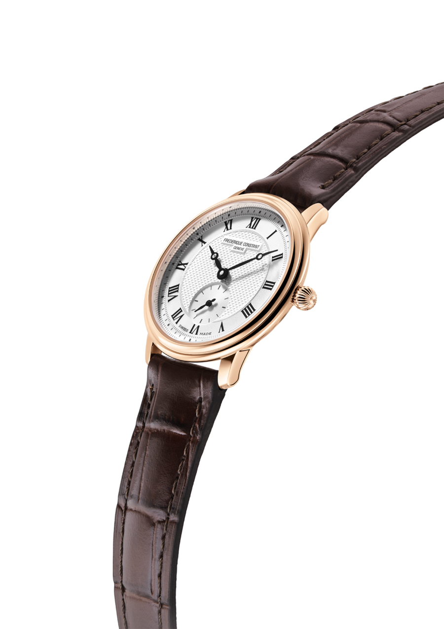 Slimline Ladies Small Seconds watch for woman. Quartz movement, white dial, rose-gold plated case, small seconds counter and brown leather strap