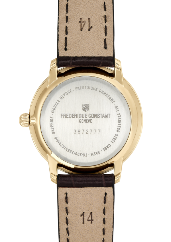 Slimline Ladies Small Seconds watch for woman. Quartz movement, white dial, stainless-steel case, small seconds counter and black leather strap