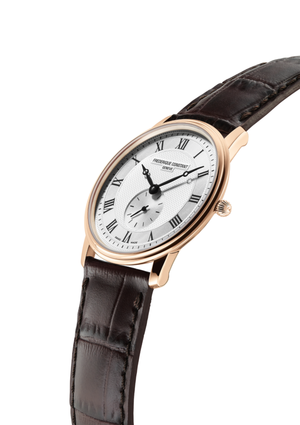 Slimline Gents Small Seconds watch for man. Slimline Gents Small Seconds watch for man. Quartz movement, white dial, rose-gold plated case, seconds counter and brown leather strapQuartz movement, white dial, yellow gold plated case, date window, seconds counter and brown leather strap