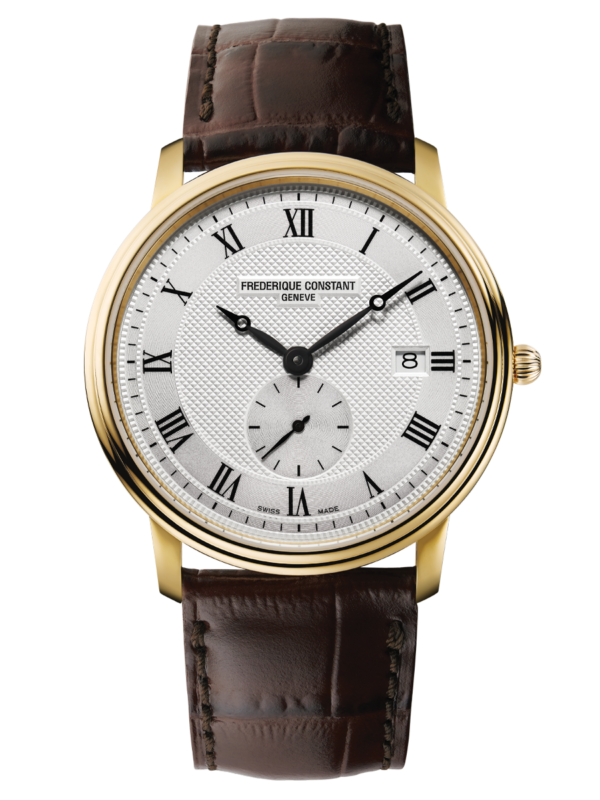 Slimline Gents Small Seconds watch for man. Quartz movement, white dial, yellow gold plated case, date window, seconds counter and brown leather strap