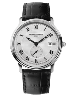 Slimline Gents Small Seconds watch for man. Quartz movement, white dial, stainless-steel case, date window, seconds counter and black leather strap