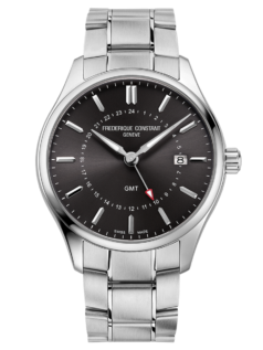 Classics Quartz GMT watch for man. Quartz movement, grey dial, stainless-steel case, date window, GMT and stainless-steel bracelet