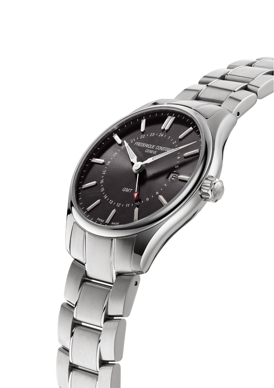 Classics Quartz GMT watch for man. Quartz movement, grey dial, stainless-steel case, date window, GMT and stainless-steel bracelet