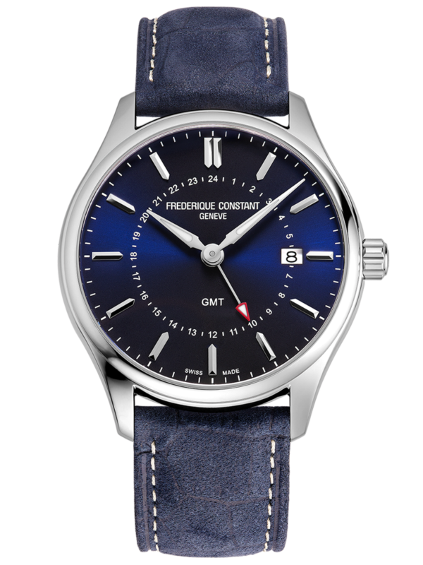 Classics Quartz GMT watch for man. Quartz movement, blue dial, stainless-steel case, date window, GMT and blue leather strap