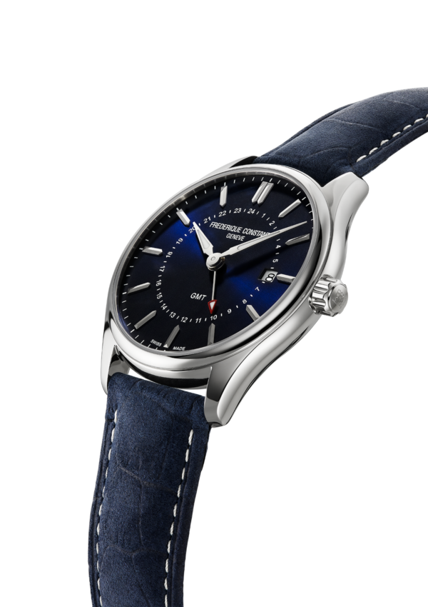 Classics Quartz GMT watch for man. Quartz movement, blue dial, stainless-steel case, date window, GMT and blue leather strap