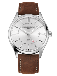 Classics Quartz GMT watch for man. Quartz movement, silver dial, stainless-steel case, date window, GMT and brown leather strap