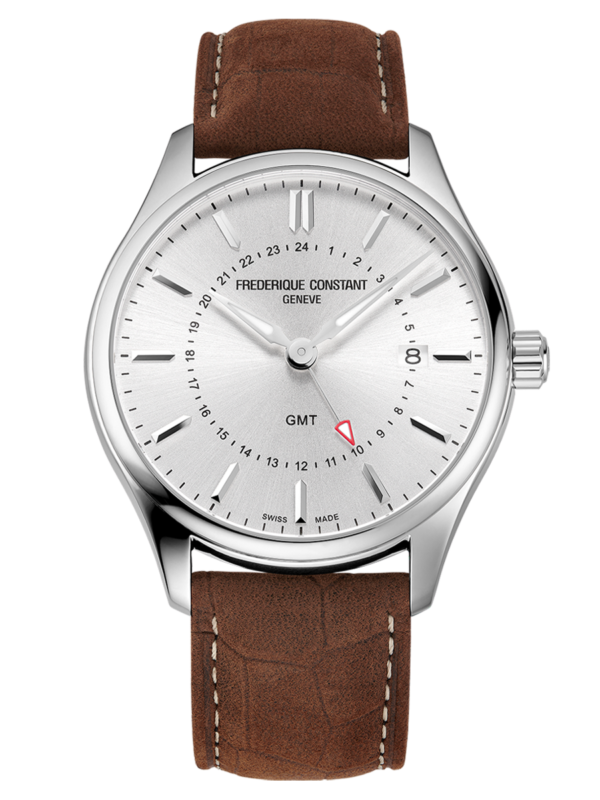 Classics Quartz GMT watch for man. Quartz movement, silver dial, stainless-steel case, date window, GMT and brown leather strap