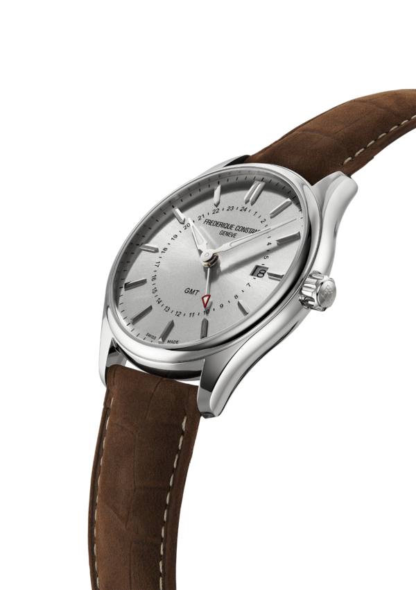 Classics Quartz GMT watch for man. Quartz movement, silver dial, stainless-steel case, date window, GMT and brown leather strap