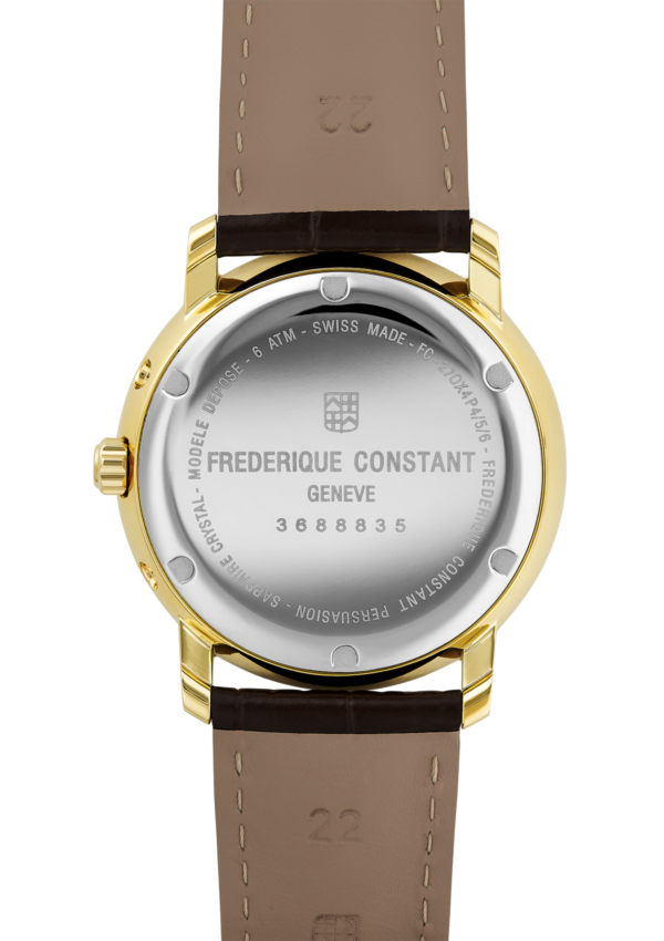 Classic Business Timer watch for man. Quartz movement, white dial, yellow gold plated case, day, date and month counters, moonphase and brown leather strap