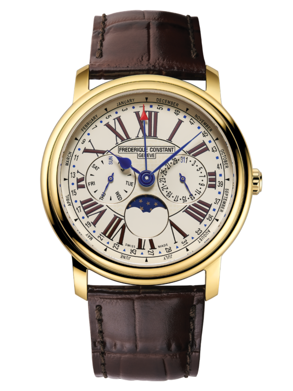 Classic Business Timer watch for man. Quartz movement, white dial, yellow gold plated case, day, date and month counters, moonphase and brown leather strap