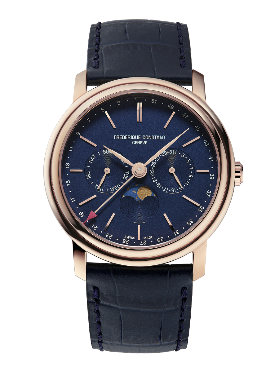 Classics Business Timer watch for man. Quartz movement, blue dial, rose-gold case, day, date and month counters, moonphase and blue leather strap