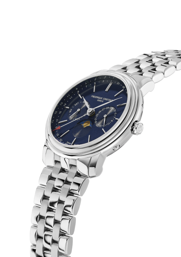 Classics Business Timer watch for man. Quartz movement, blue dial, stainless-steel case, day, date and month counters, moonphase and stainless-steel bracelet.