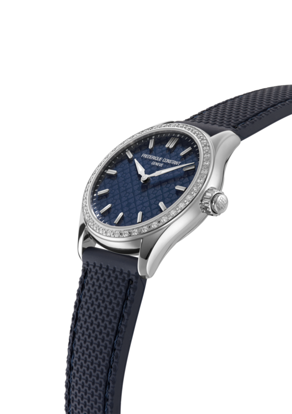Vitality Ladies Smartwatch for woman. Quartz connected movement, navy blue dial, stainless-steel case with 40 lab-grown diamonds, connected functions, digital screen, rechargeable battery and blue rubber strap   