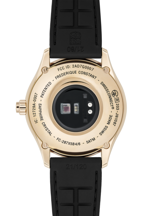 Vitality Gents Smartwatch for man. Quartz connected movement, black dial, rose-gold plated case, connected functions, digital screen, rechargeable battery and black rubber strap
