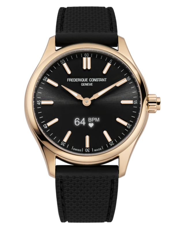 Vitality Gents Smartwatch for man. Quartz connected movement, black dial, rose-gold plated case, connected functions, digital screen, rechargeable battery and black rubber strap