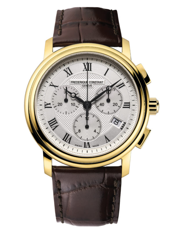 Classics Quartz Chronograph watch for man. Quartz movement, white dial, yellow gold plated case, date window and brown leather strap
