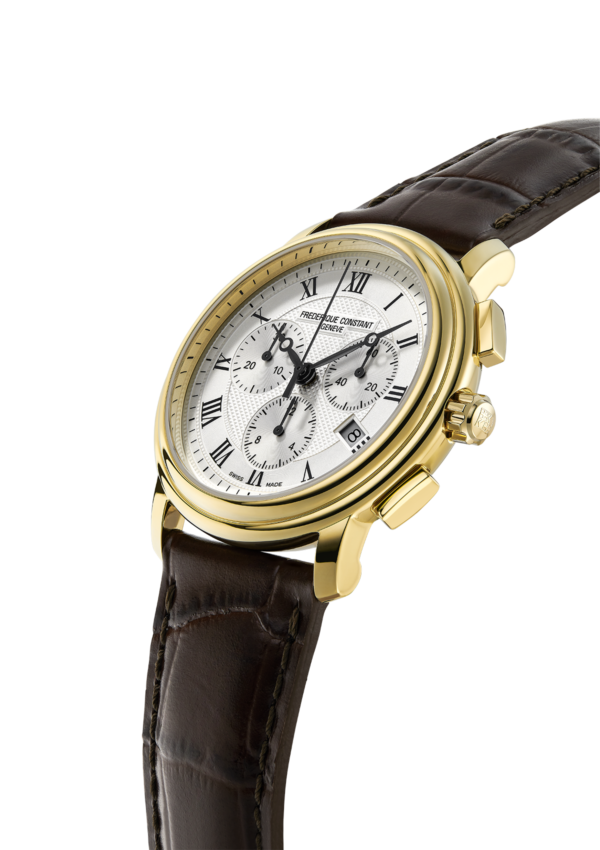 Classics Quartz Chronograph watch for man. Quartz movement, white dial, yellow gold plated case, date window and brown leather strap