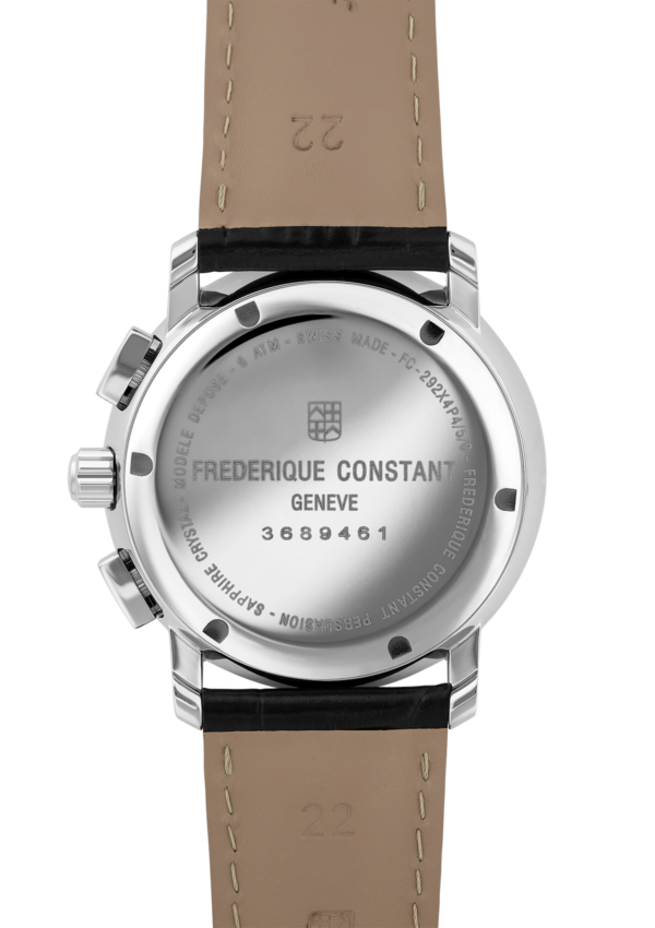 Classics Quartz Chronograph watch for man. Quartz movement, white dial, stainless-steel case, date window and black leather strap