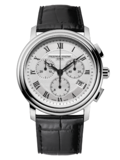 Classics Quartz Chronograph watch for man. Quartz movement, white dial, stainless-steel case, date window and black leather strap