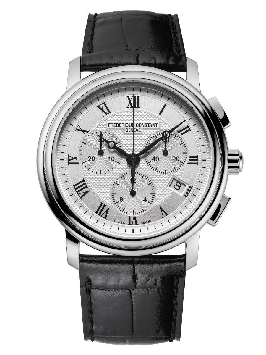 Classics Quartz Chronograph watch for man. Quartz movement, white dial, stainless-steel case, date window and black leather strap