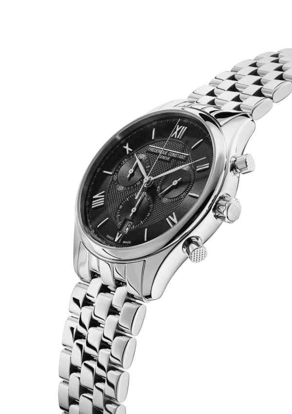 Classics Quartz Chronograph watch for man. Quartz movement, black dial, stainless-steel case, date window and stainless-steel bracelet