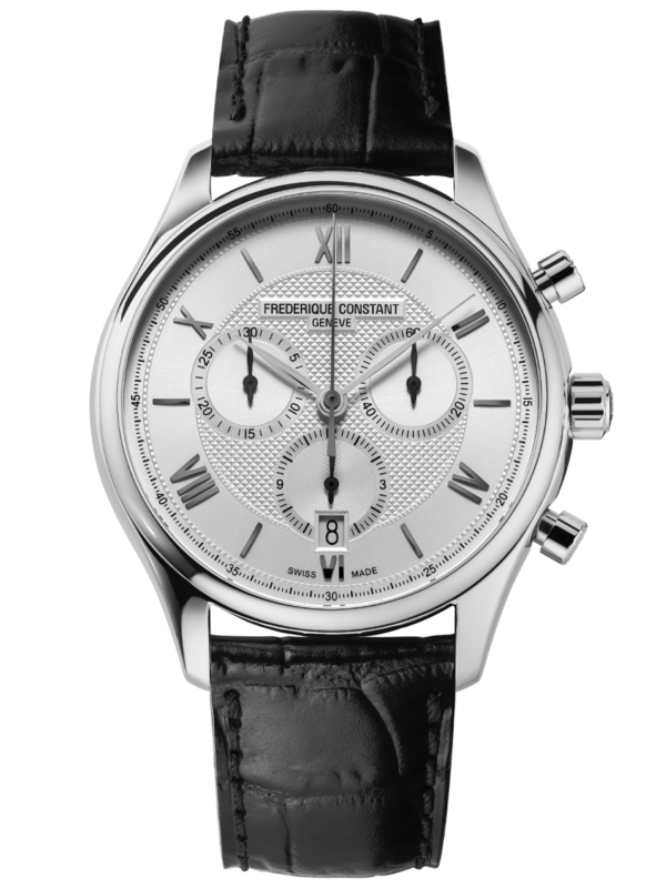 Classics Quartz Chronograph watch for man. Quartz movement, white dial, stainless-steel case, date window and black leather strap