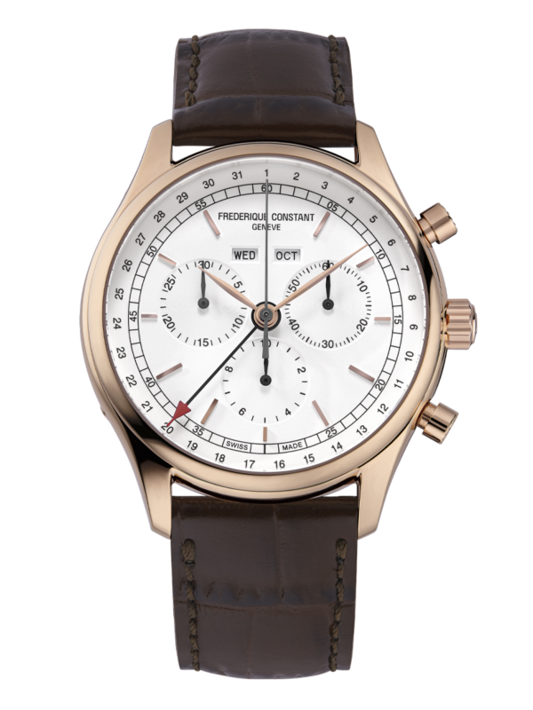 Classics Quartz Chronograph Triple Clalendar Watch for men. Quartz movement, silver white dial, rose gold-plated  stainless-steel case, chronograph and brown leather strap