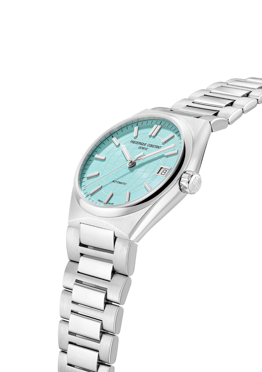 Highlife Ladies Automatic watch for woman. Automatic movement, sky blue dial, stainless-steel case, date window and stainless-steel integrated and interchangeable bracelet