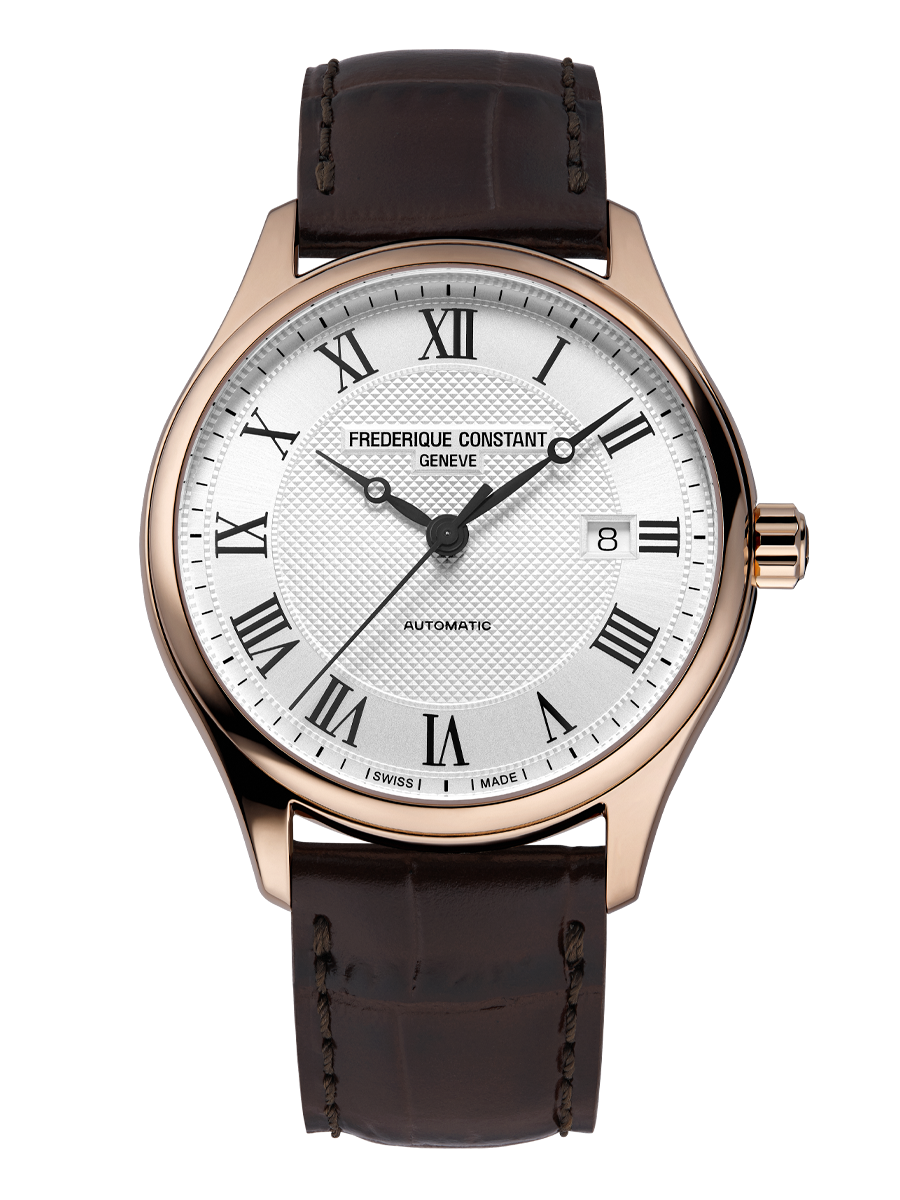 Classics Index Automatic watch for man. Automatic movement, white dial, rose-gold plated case, date window and brown leather strap