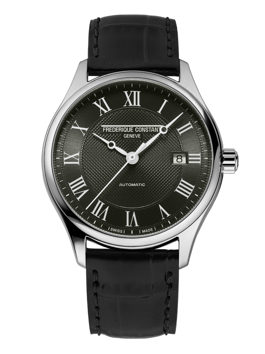 Classic Index Automatic watch for man. Automatic movement, khaki dial, stainless-steel case, date window and black leather strap