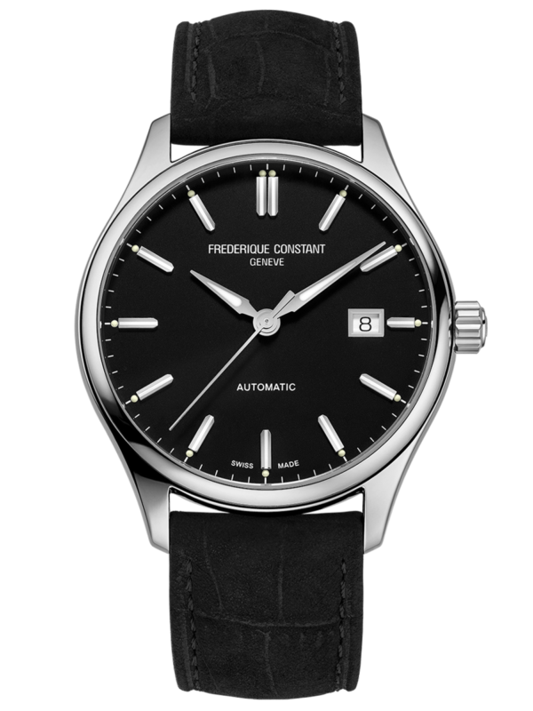Classics Index Automatic watch for man. Automatic movement, black dial, stainless-steel case, date window and black leather strap