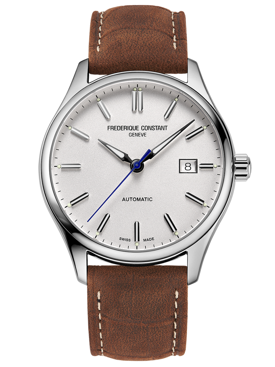 Classics Index Automatic watch for man. Automatic movement, white dial, stainless-steel case, date window and brown leather strap