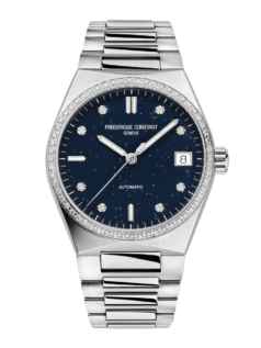 Highlife Ladies Automatic Sparkling watch for woman.   Automatic movement, blue dial with 8 diamonds, stainless-steel case with 60 diamonds, date window and stainless-steel integrated and interchangeable bracelet