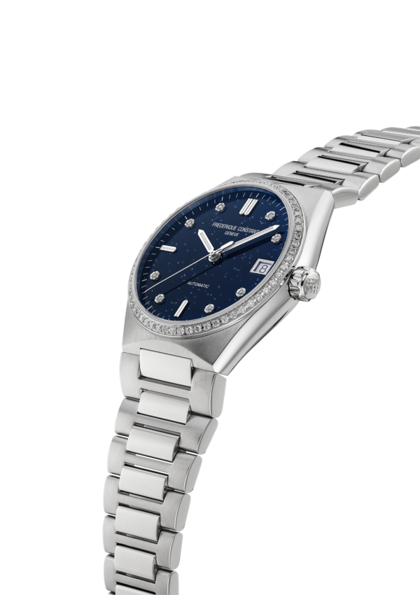 Highlife Ladies Automatic Sparkling watch for woman.   Automatic movement, blue dial with 8 diamonds, stainless-steel case with 60 diamonds, date window and stainless-steel integrated and interchangeable bracelet