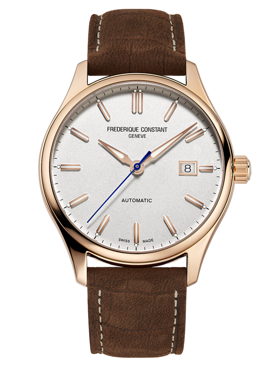 Classic Index Automatic watch for man. Automatic movement, white dial, rose-gold plated case, date window and brown leather strap